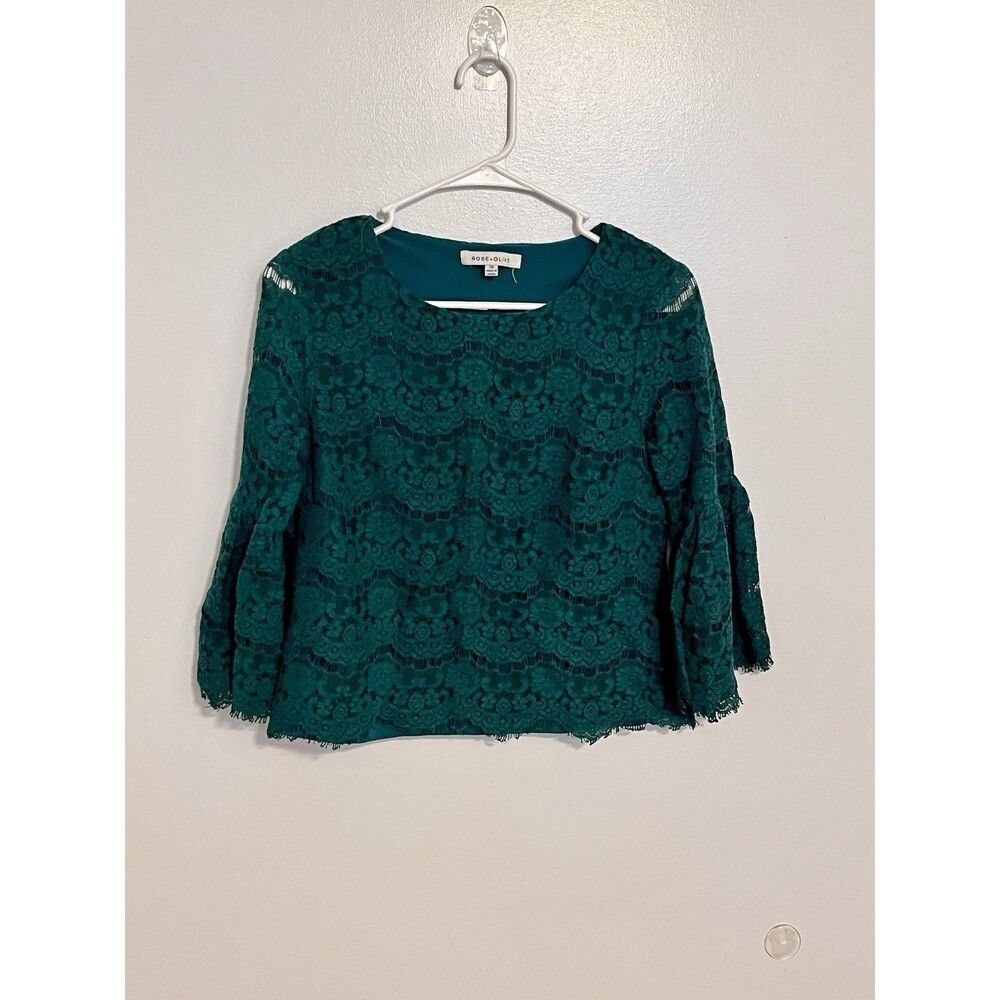Rose + Olive Green Lace Floral Blouse Size XS